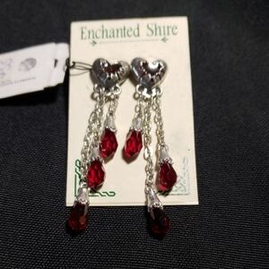 Silver and Red Heart Dangle Earrings